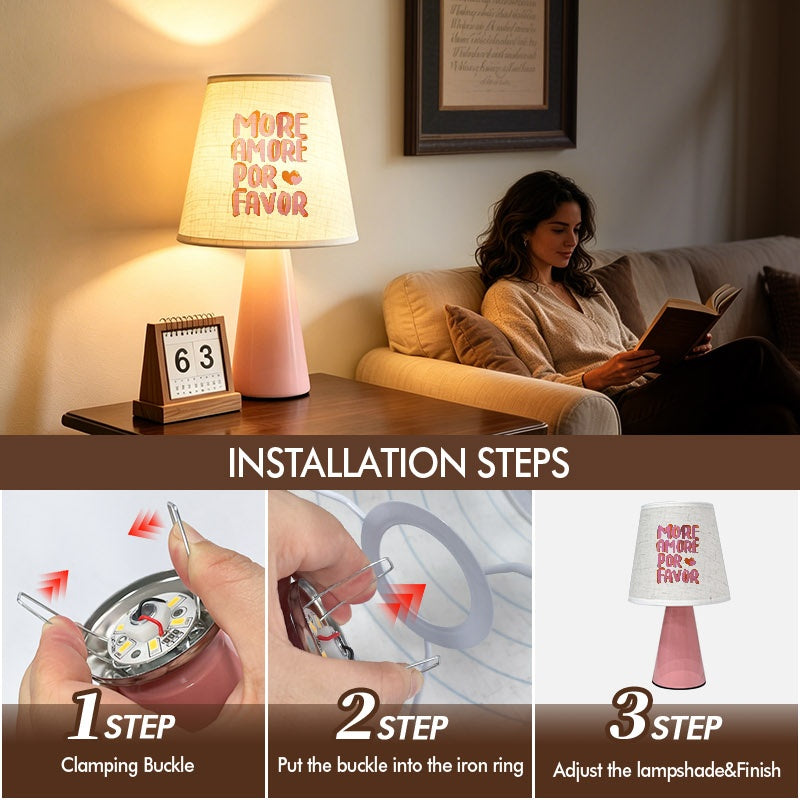 Lampe de chevet rose à inscription More Amore Por Favor, USB