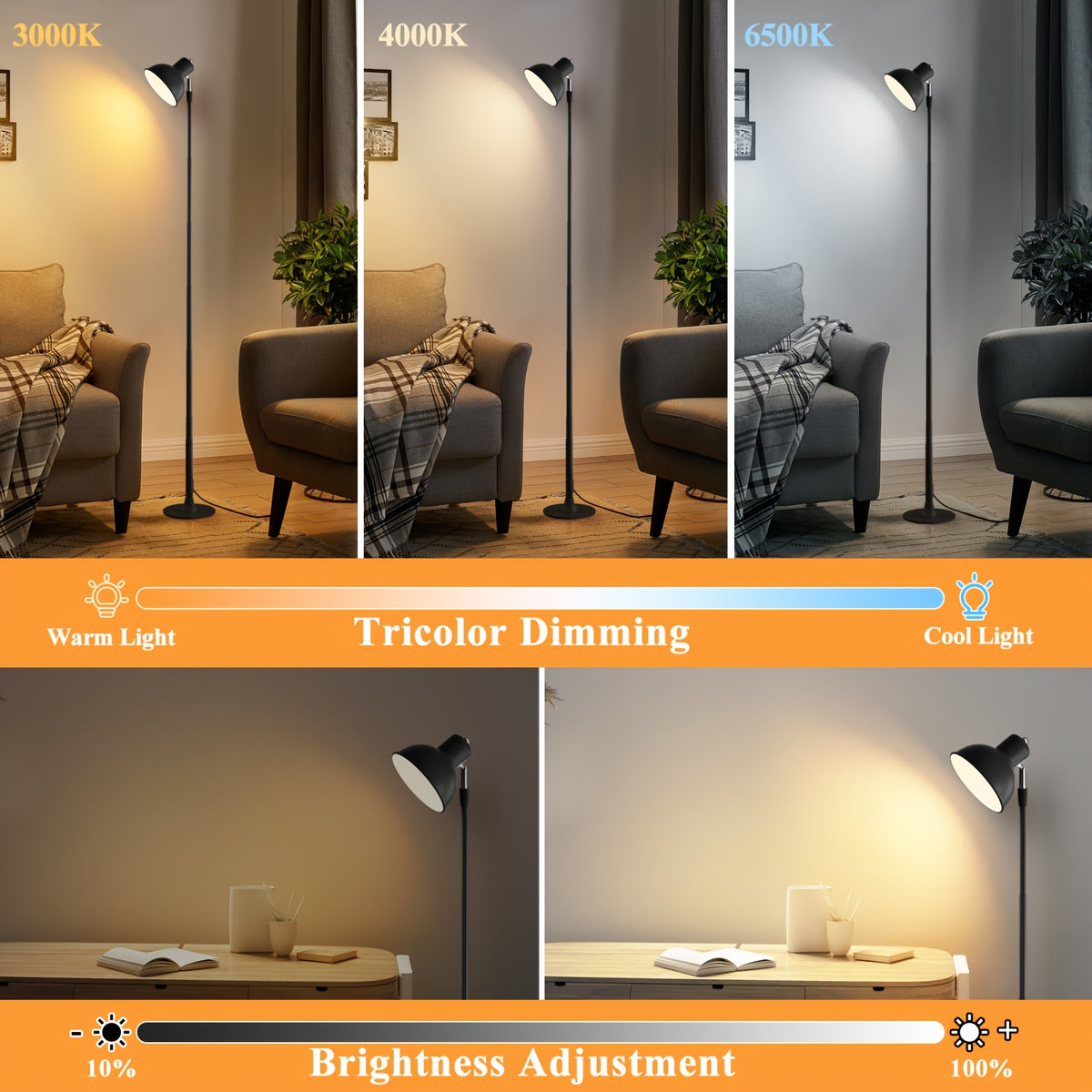 Lampadaire LED USB noir convertible en lampe de chevet, 45 à 145 cm