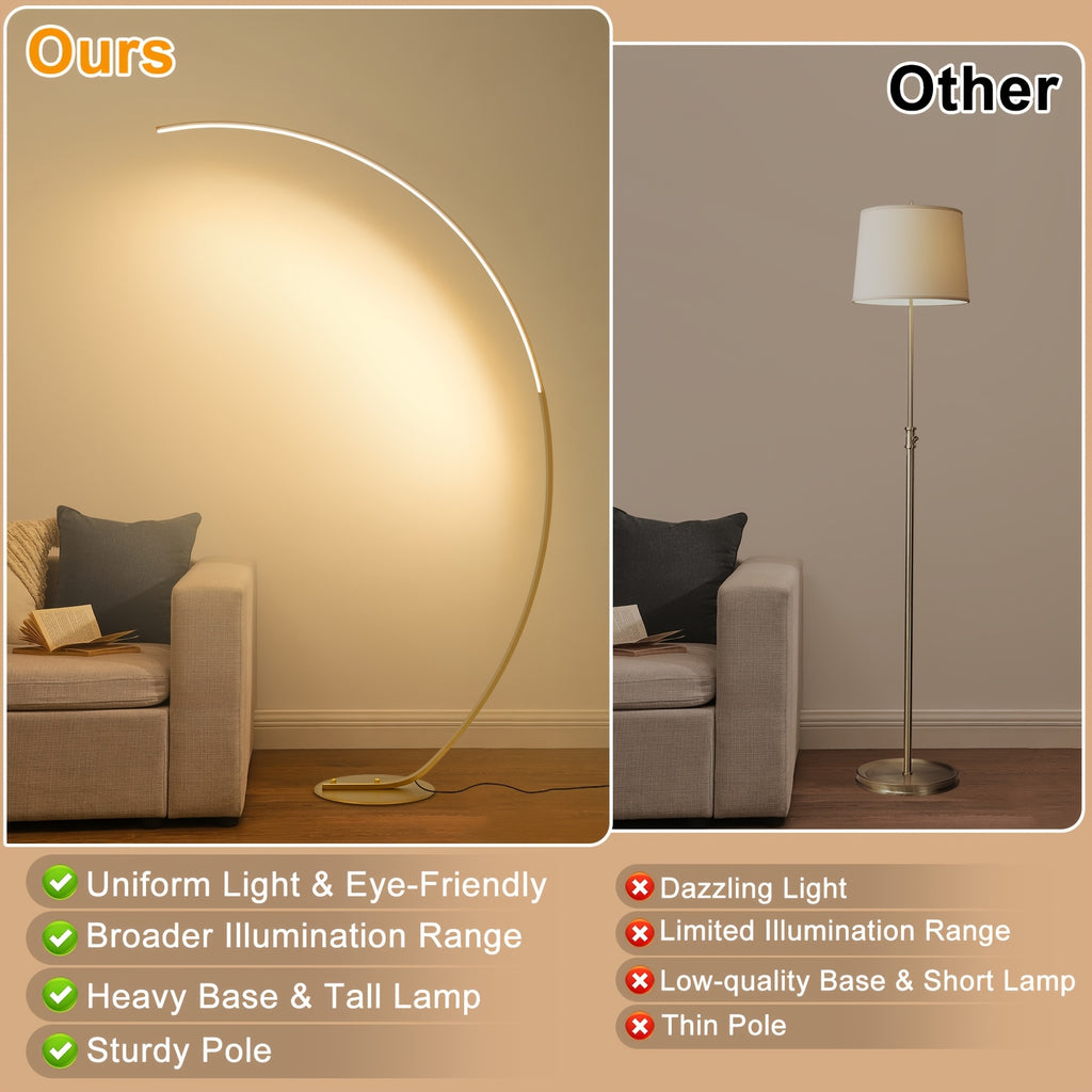 Lampadaire arc LED doré à télécommande, teinte réglable, 165 cm