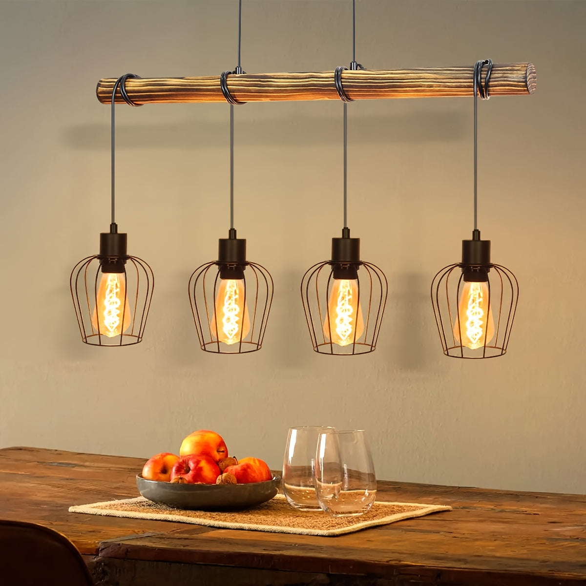 Suspension poutre en bois et 4 cages noires, style industriel, 80 cm