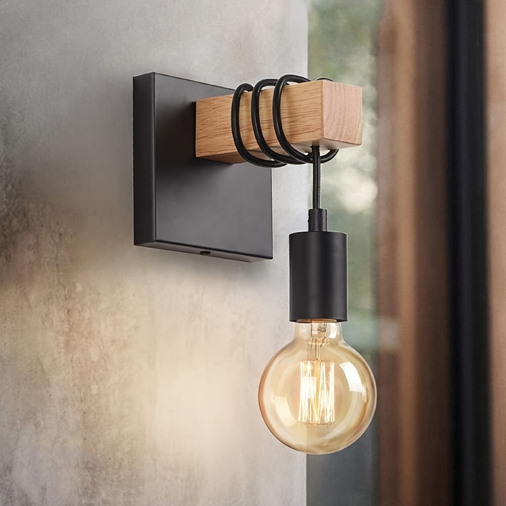 Applique murale bois et métal noir, câble enroulé et ampoule nue