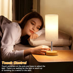 Lampe de chevet tactile cylindre en tissu, socle aspect bois clair