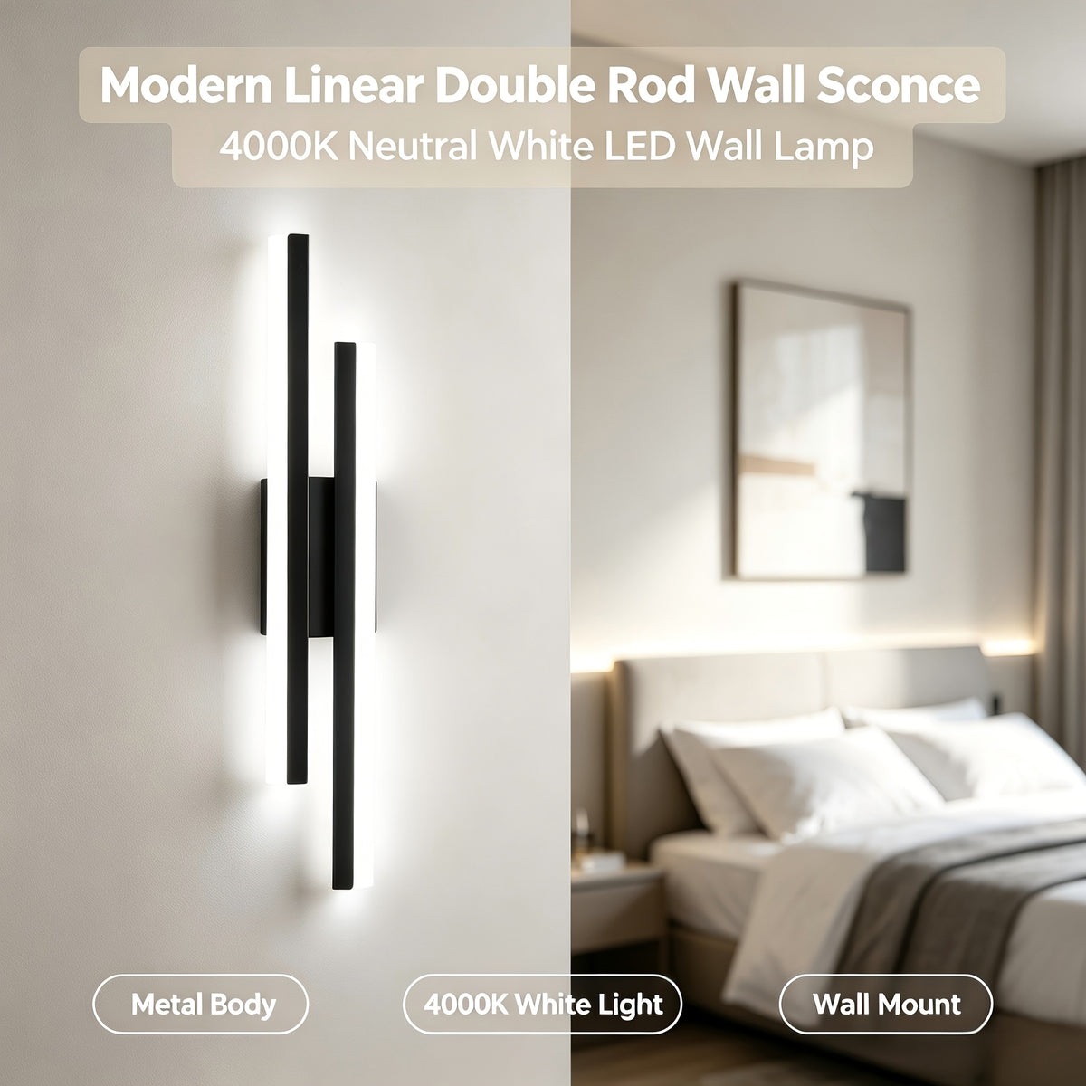 Applique murale LED double barre noire de 60 cm, blanc neutre