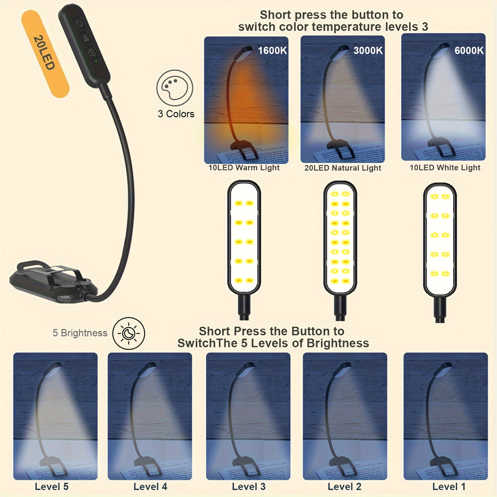 Lampe de lecture à pince 20 LED de 54 g, lumière ambrée 1600 K