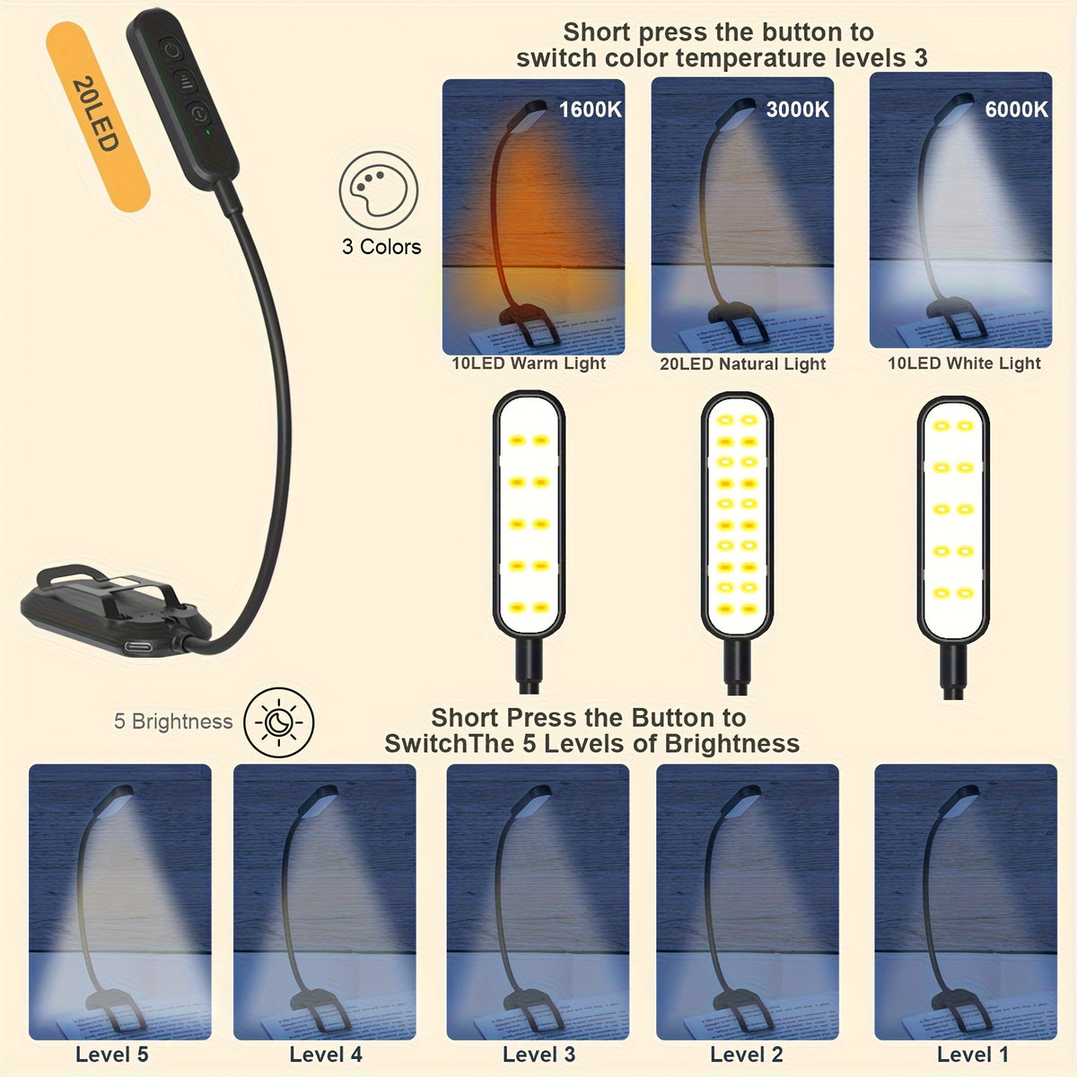 Lampe de lecture à pince 20 LED de 54 g, lumière ambrée 1600 K