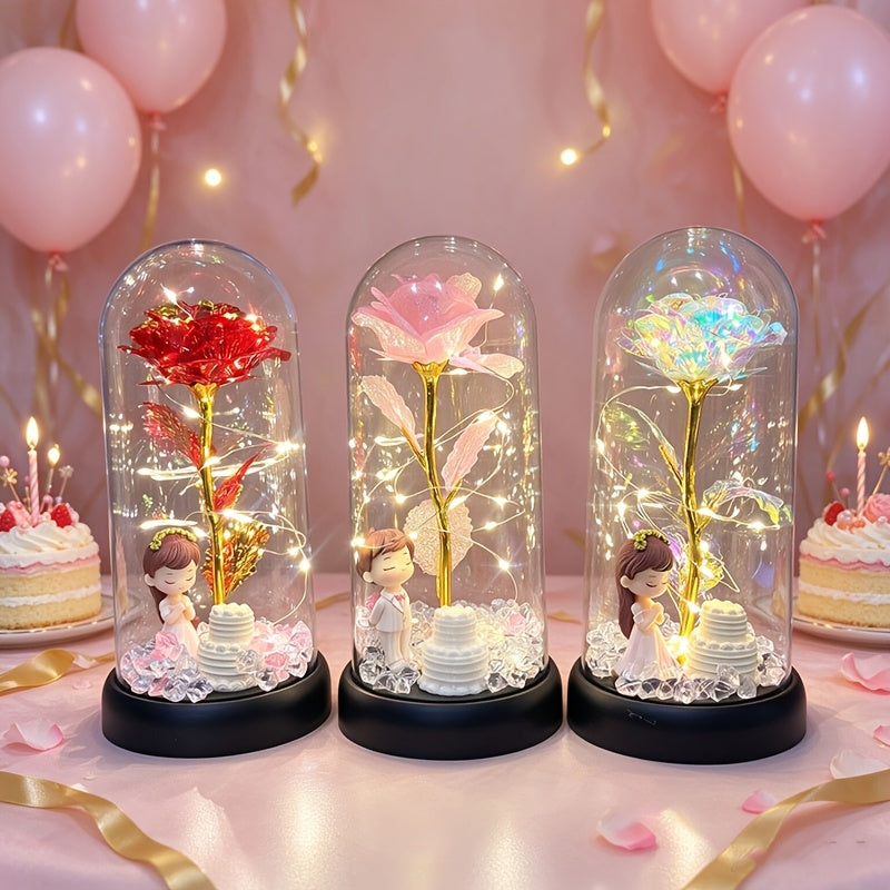 Lampe décorative rose sous cloche, guirlande LED et figurine