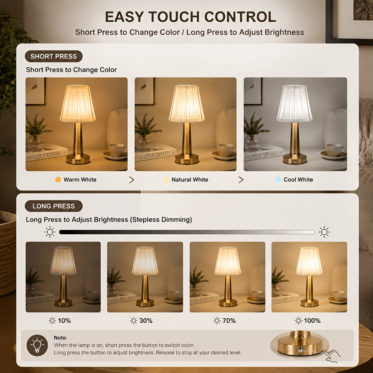 Lampe de table sans fil à abat-jour plissé blanc, pied doré ou argenté