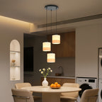 Suspension 3 lumières en tissu blanc à bande beige, rosace ou barre