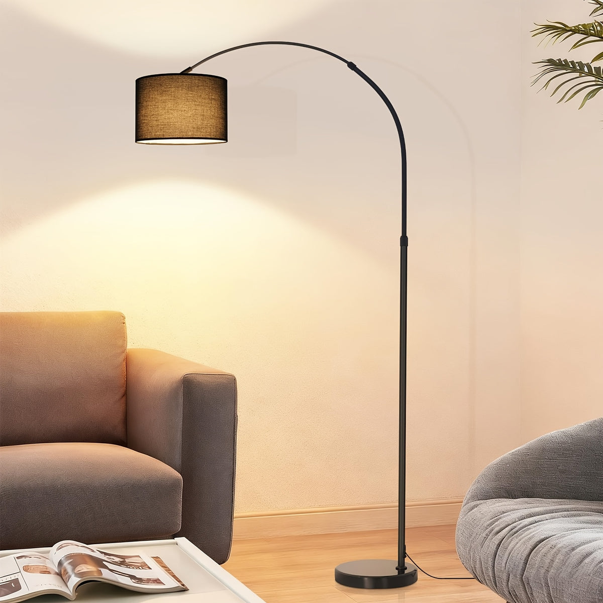 Lampadaire arc noir 181 cm, abat-jour tambour en tissu Ø 30 cm