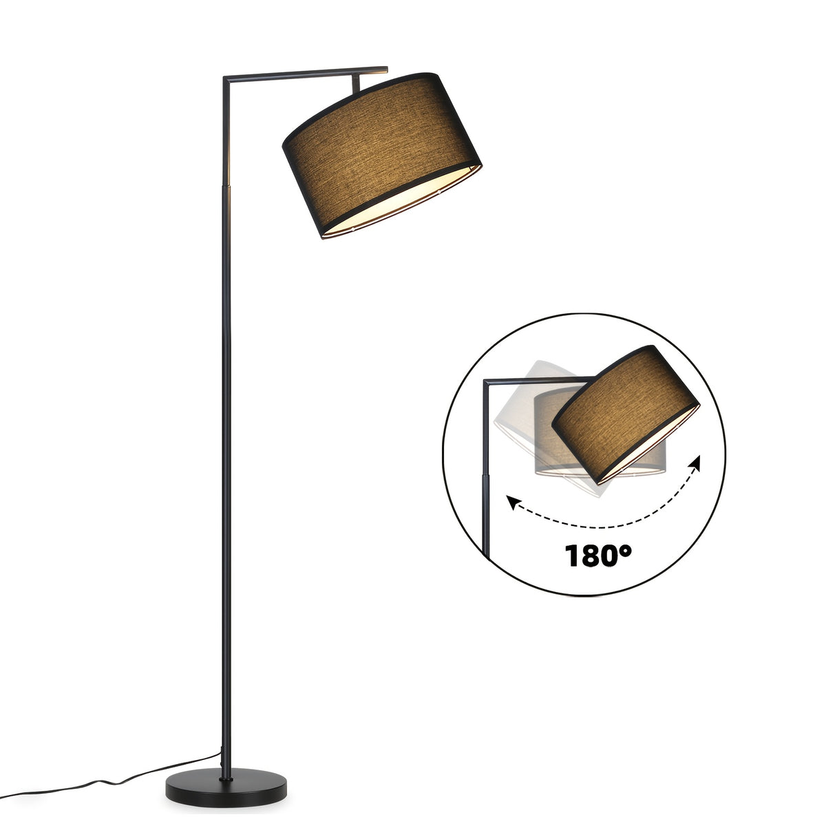 Lampadaire à potence noir, abat-jour tambour orientable, 166 cm