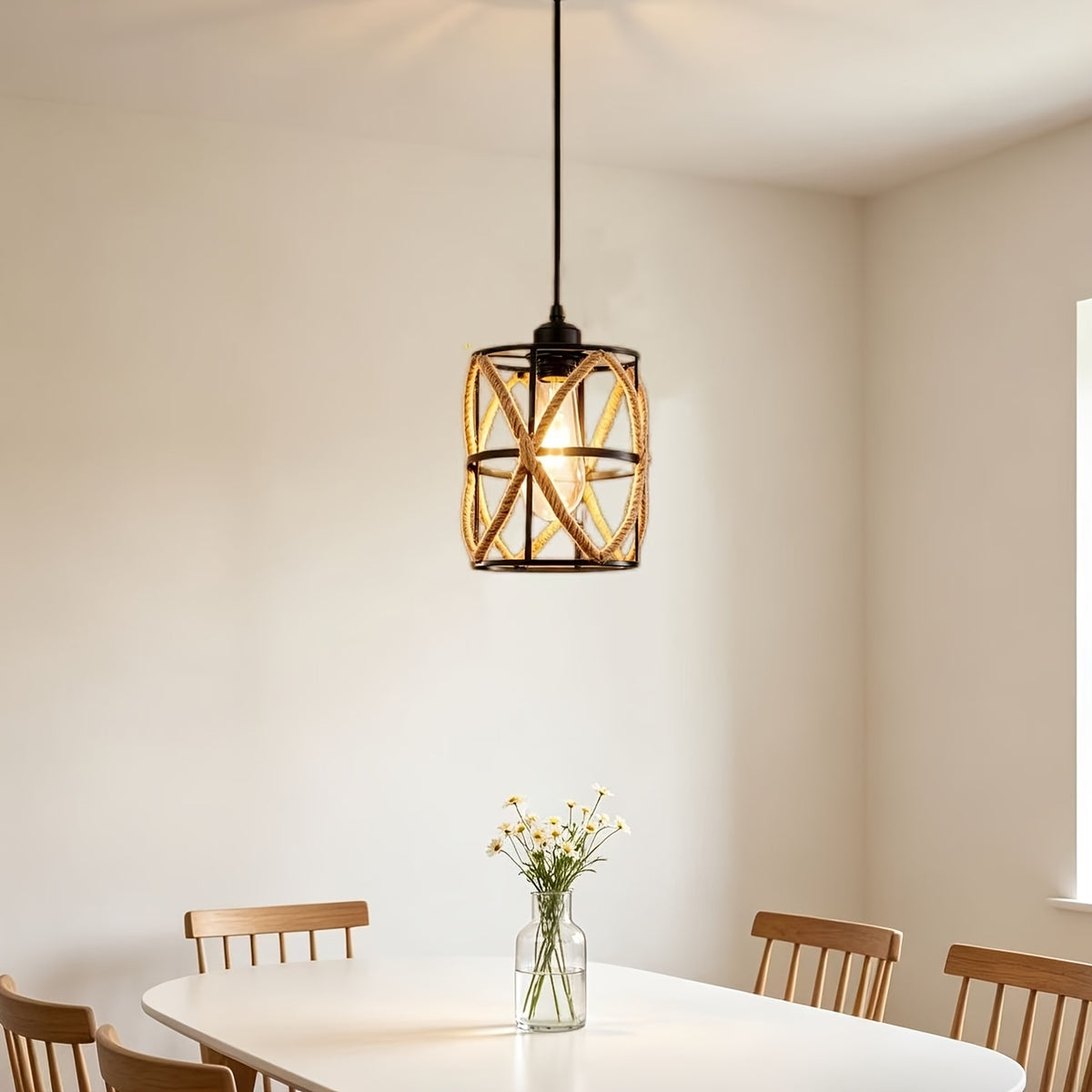 Suspension cage en métal noir et corde torsadée, Ø 15 cm
