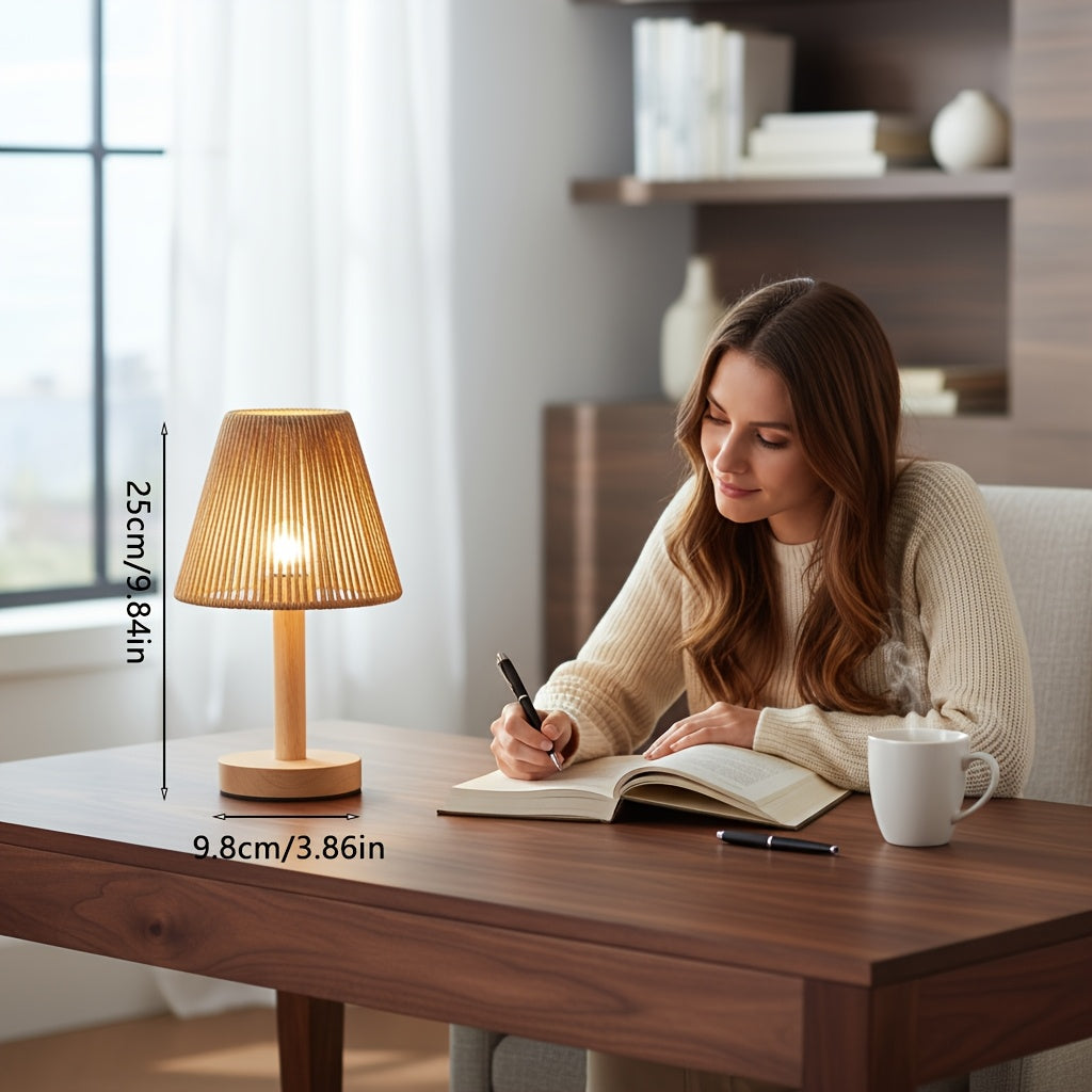Lampe de chevet en bois et abat-jour conique en corde tressée, 25 cm