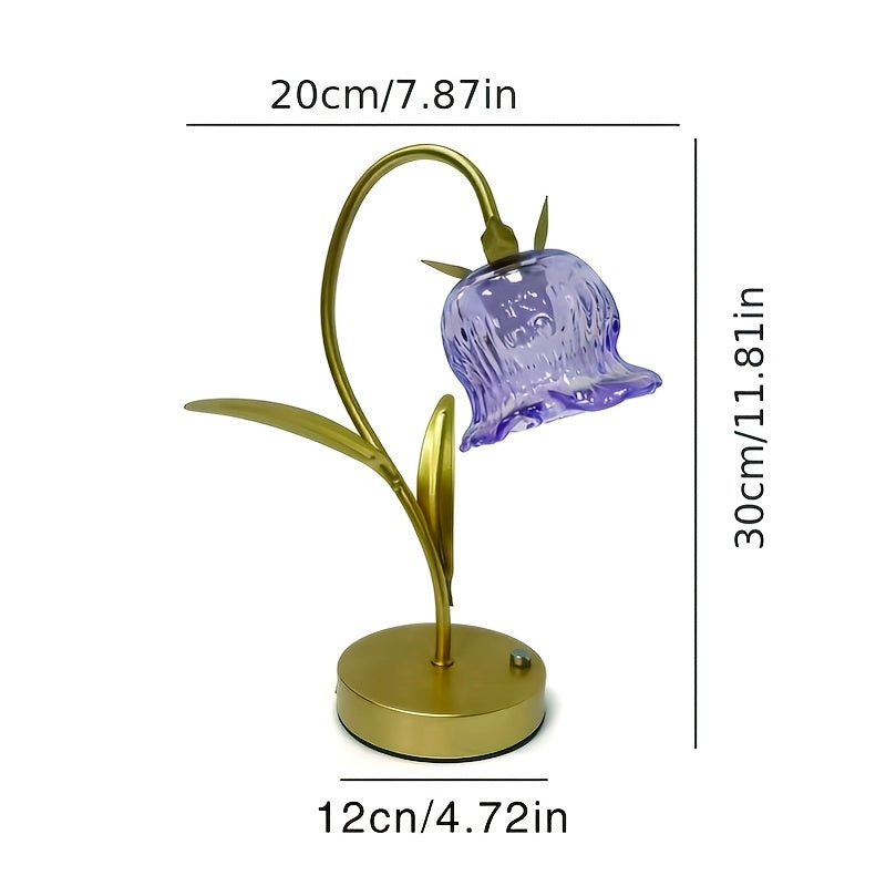 Lampe fleur de muguet sans fil, clochette en verre lilas et tige dorée