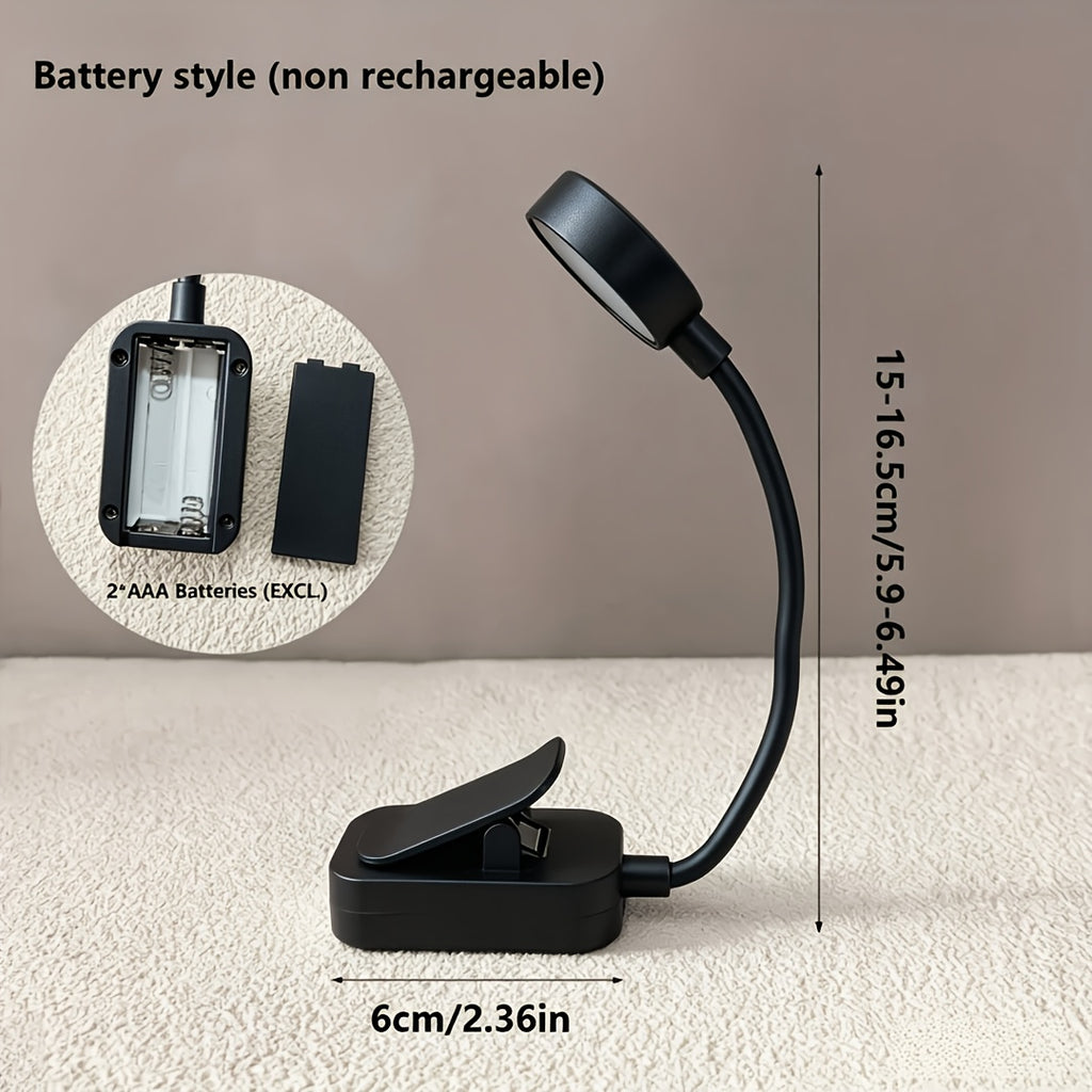 Lampe de lecture à pince noire à piles, tête ronde, col 360°