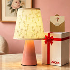 Lampe de chevet rose à abat-jour en lin semé de fleurettes, USB