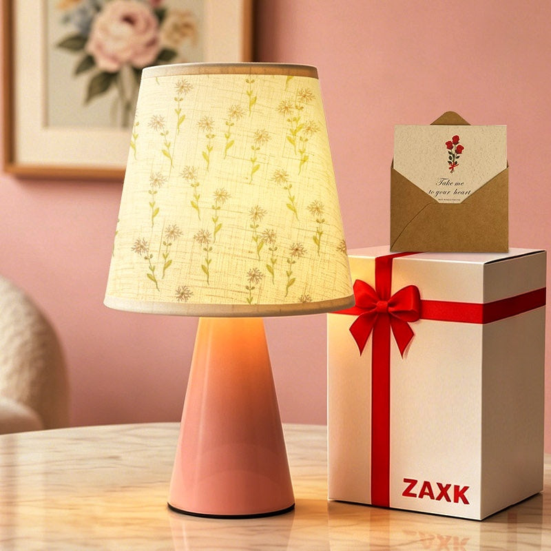 Lampe de chevet rose à abat-jour en lin semé de fleurettes, USB