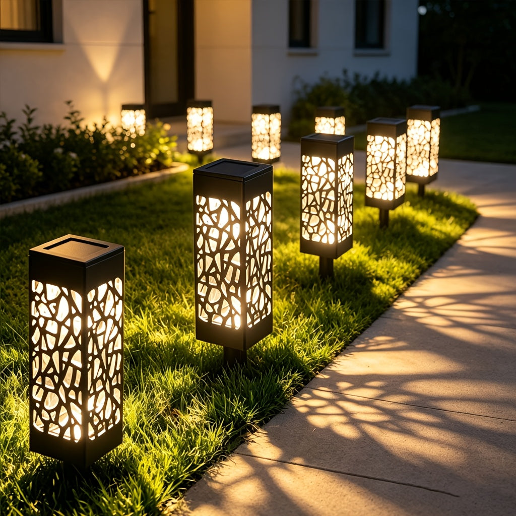 Lampe solaire de jardin carrée ajourée, lot de 3 en blanc chaud