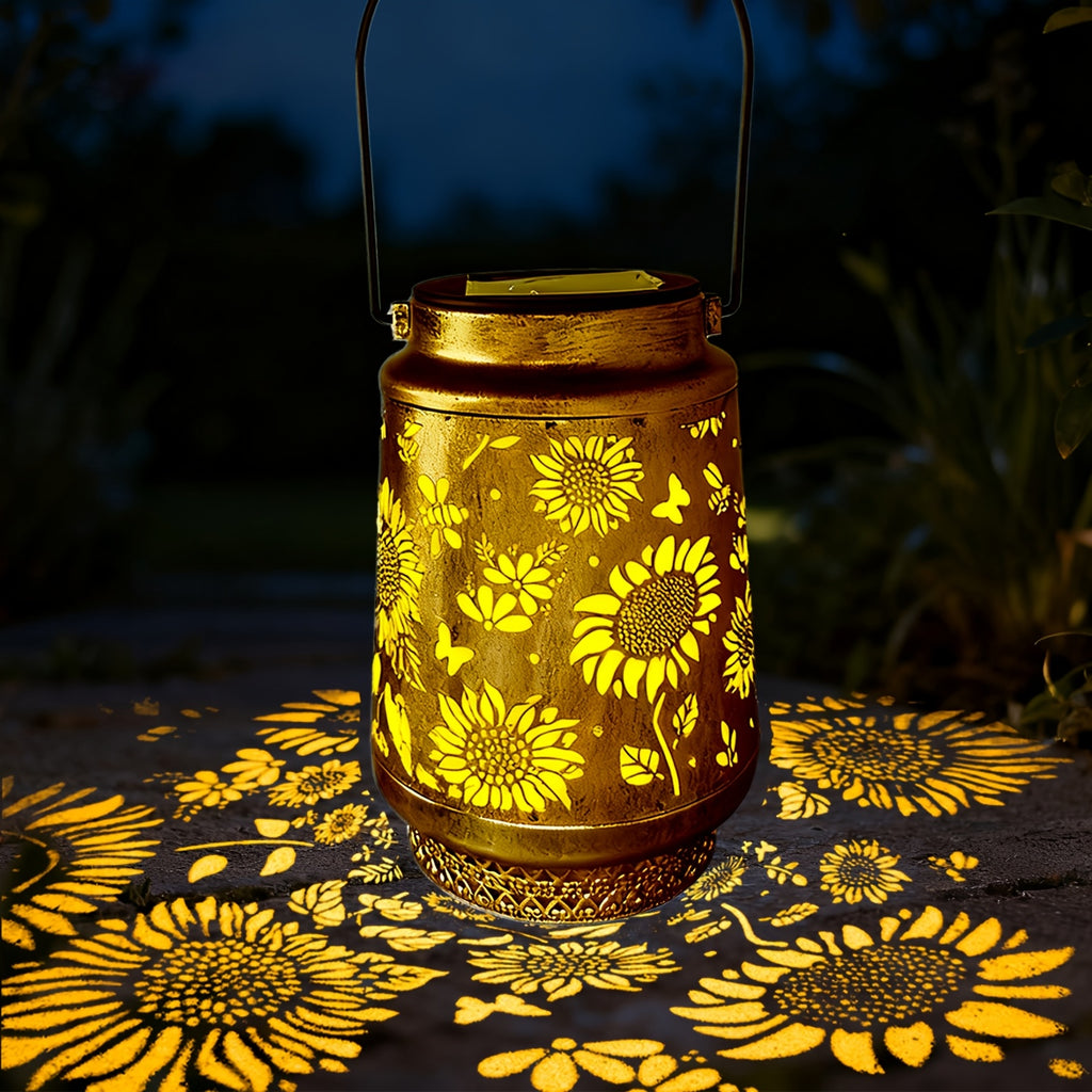 Lanterne solaire ajourée de tournesols, projection de motifs au sol