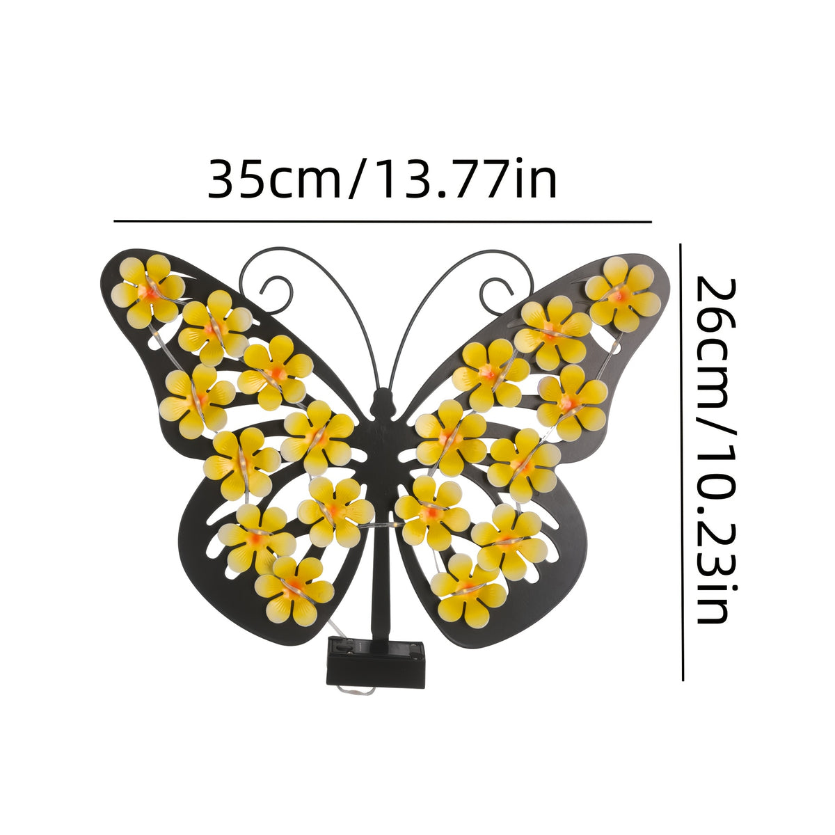 Applique solaire papillon en fer à fleurs jaunes, 35 cm