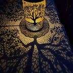 Lanterne solaire cylindre en métal ajouré, motif arbre de vie