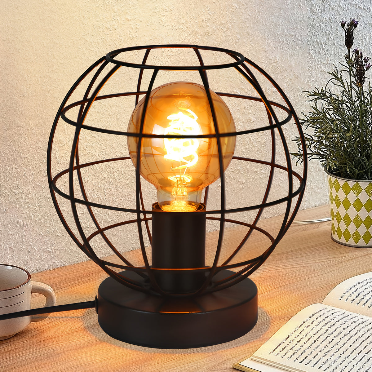 Lampe cage sphérique en métal noir, esprit industriel