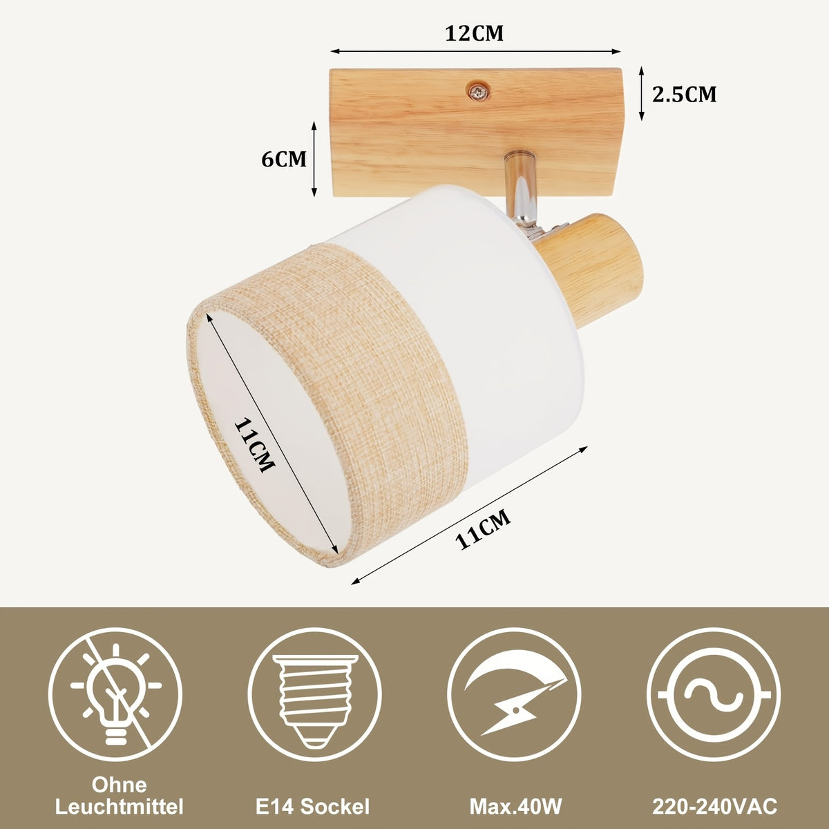 Lot de 2 spots orientables en bois et abat-jour tissu, douille E14