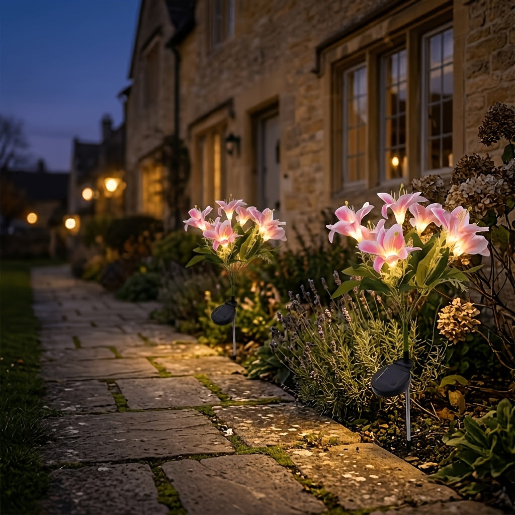 Lot de 2 tiges de lys roses solaires à planter, 7 fleurs LED