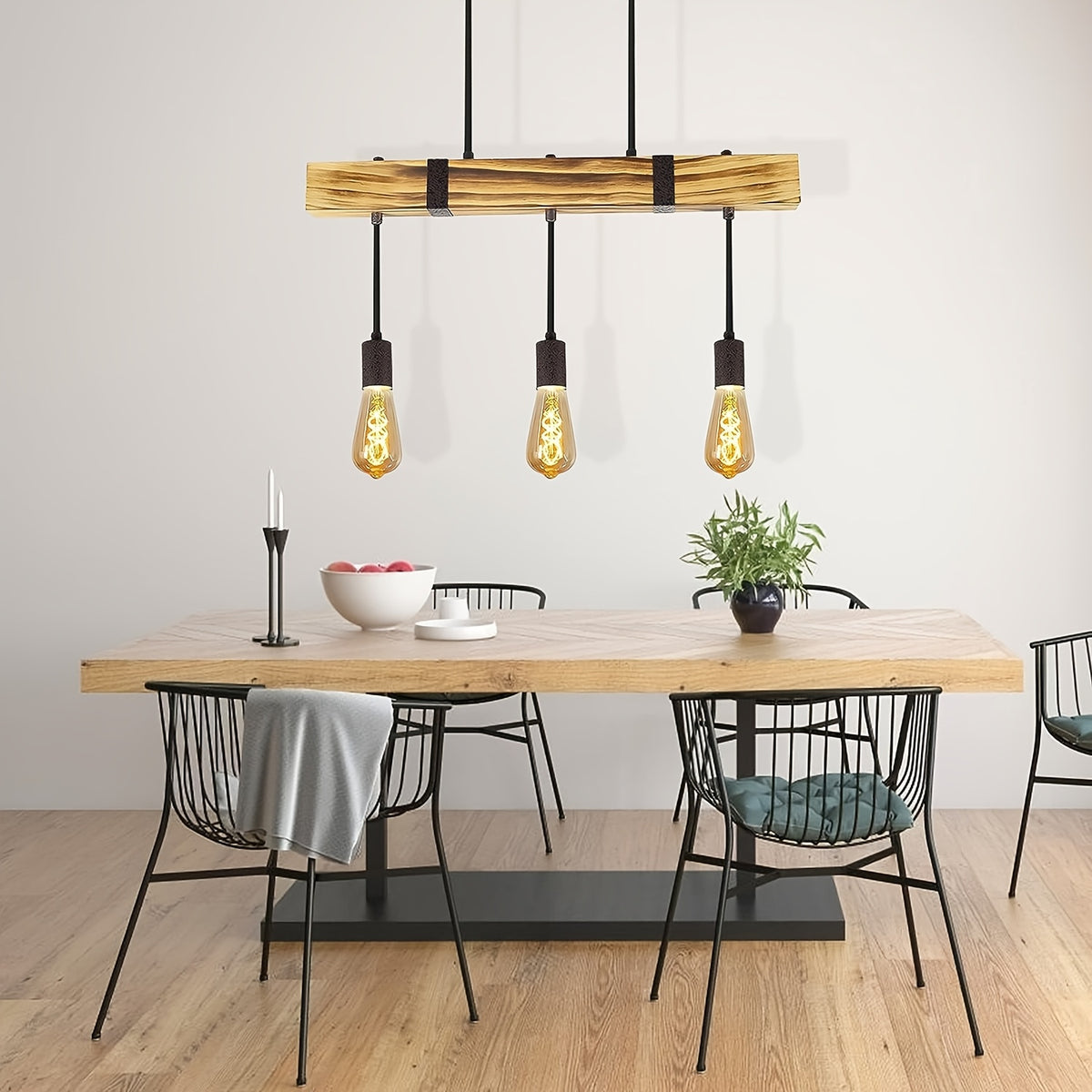 Suspension poutre effet bois brûlé, 3 ou 4 lumières, douilles E27