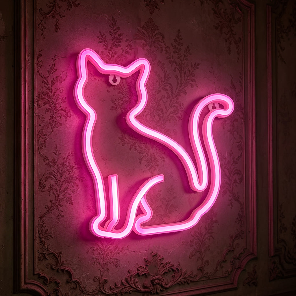 Néon LED chat assis à accrocher, rose ou blanc, piles ou USB