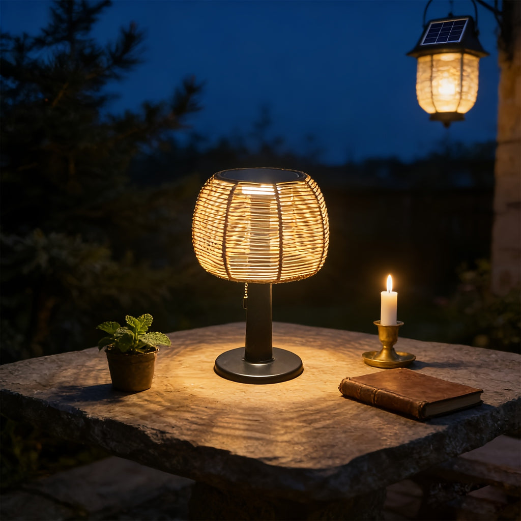 Lampe champignon solaire tressée effet rotin, chaînette, 33,5 cm
