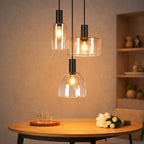 Suspension 3 verres ambrés de formes variées, rosace Ø 22 cm