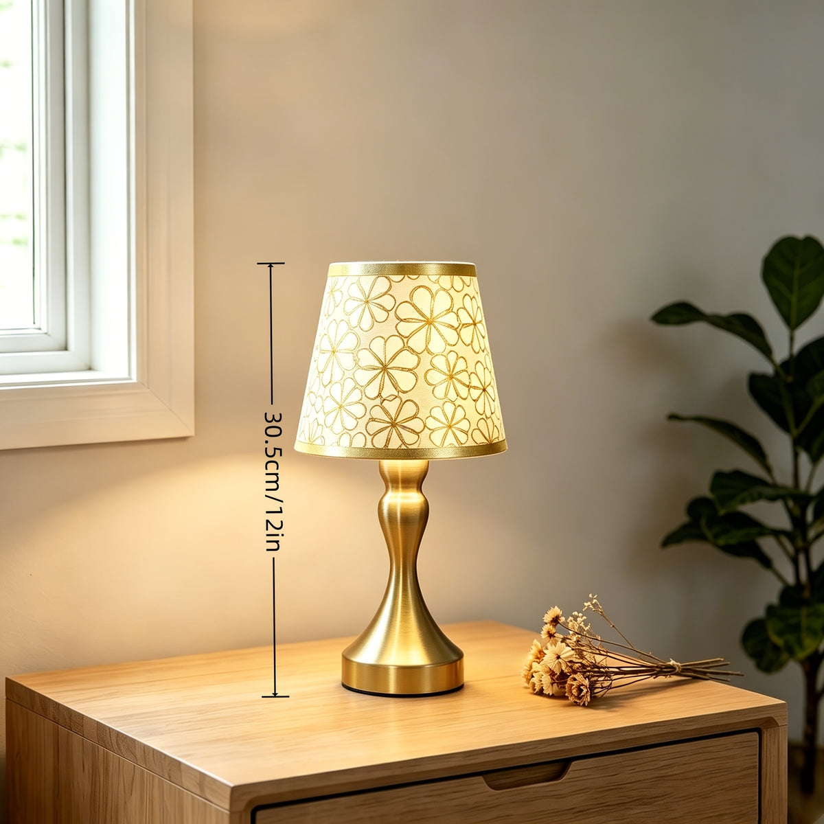 Lampe de chevet dorée à abat-jour fleuri en tissu, alimentation USB