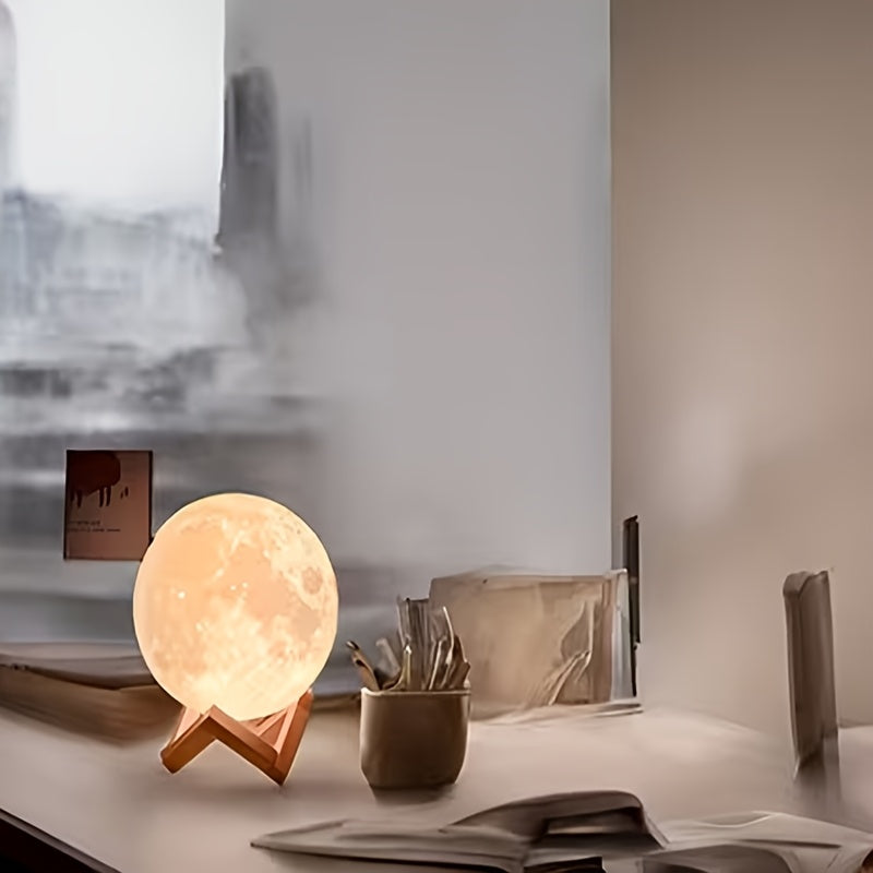 Lampe lune 3D de 10 cm sur support en bois, veilleuse à piles