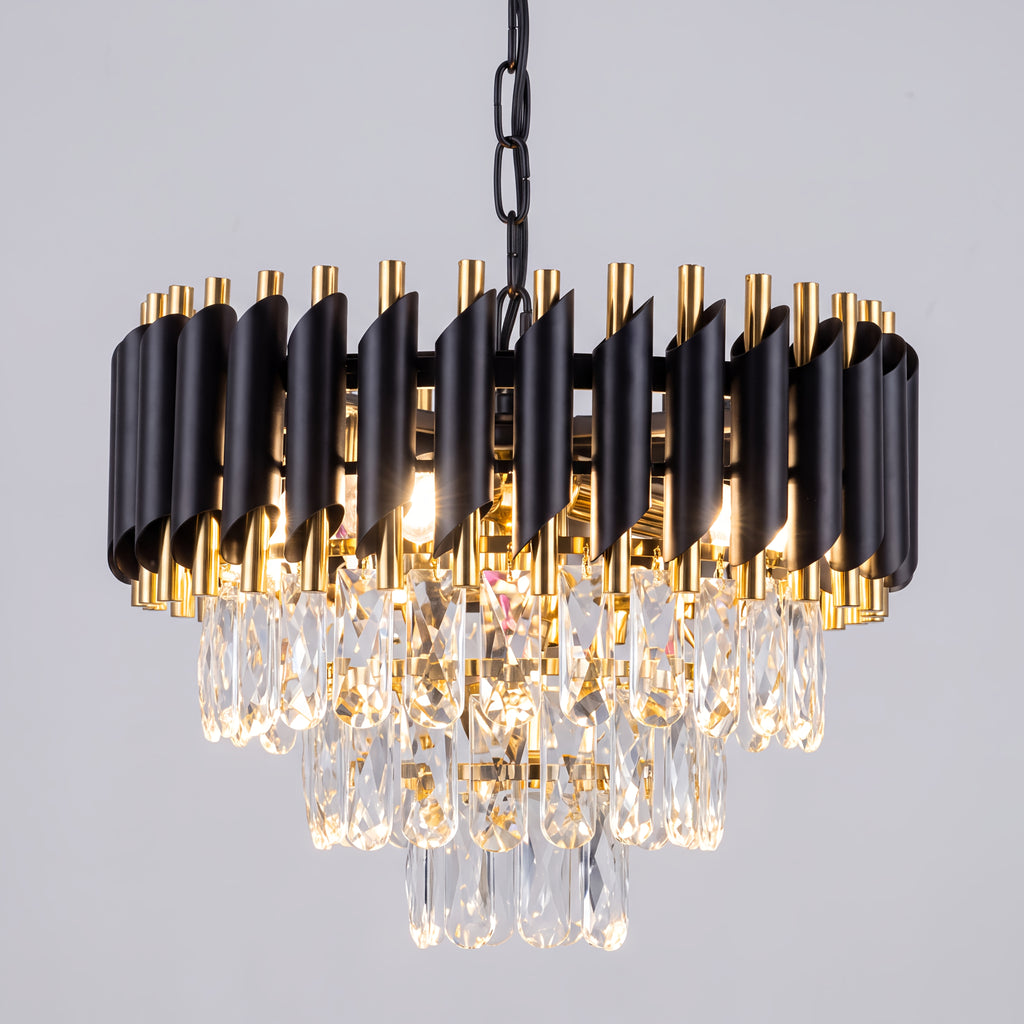Lustre à lamelles noires et dorées sur cascade de cristal, Ø 40 cm