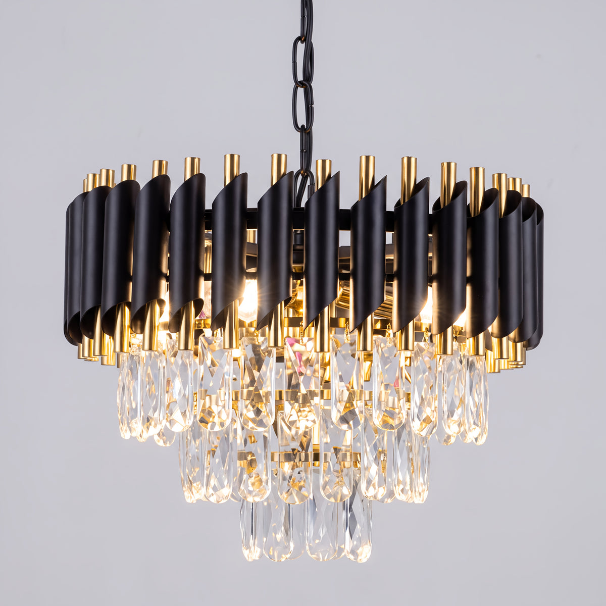 Lustre à lamelles noires et dorées sur cascade de cristal, Ø 40 cm