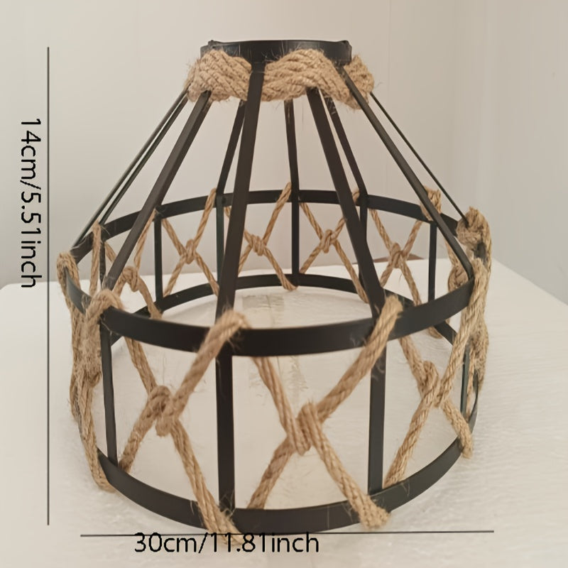 Abat-jour cage vintage en métal noir et corde de chanvre, Ø 30 cm