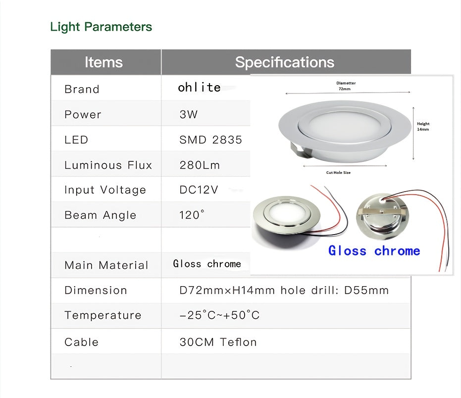 Spot LED encastrable chromé extra-plat Ø 72 mm, 12 V ou 24 V