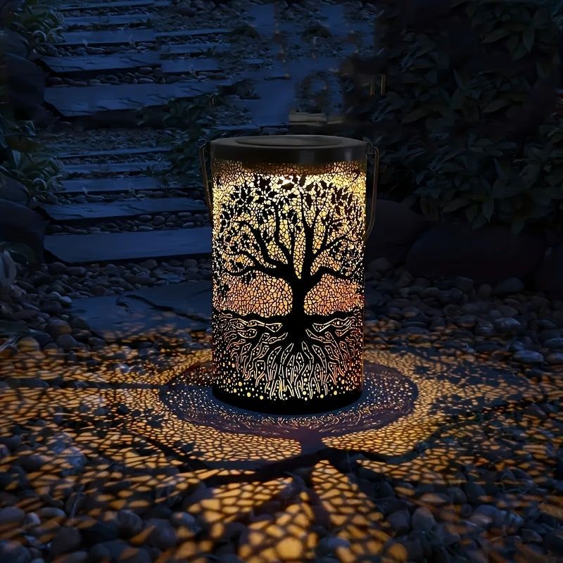 Lanterne solaire cylindre en métal ajouré, motif arbre de vie