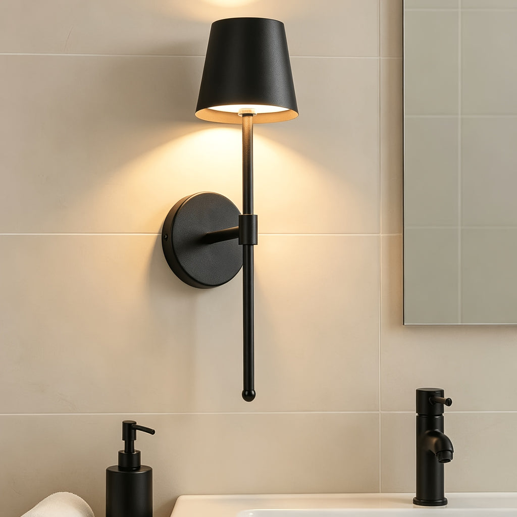 Applique murale noire sans fil, lot de 2, abat-jour conique et tige