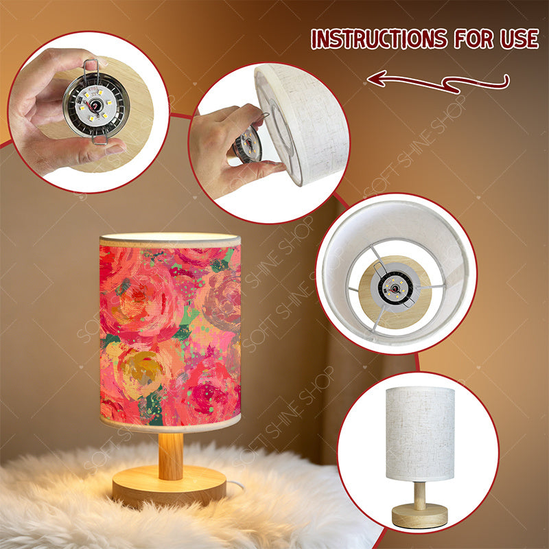 Lampe de chevet à roses peintes façon gouache, abat-jour tissu USB