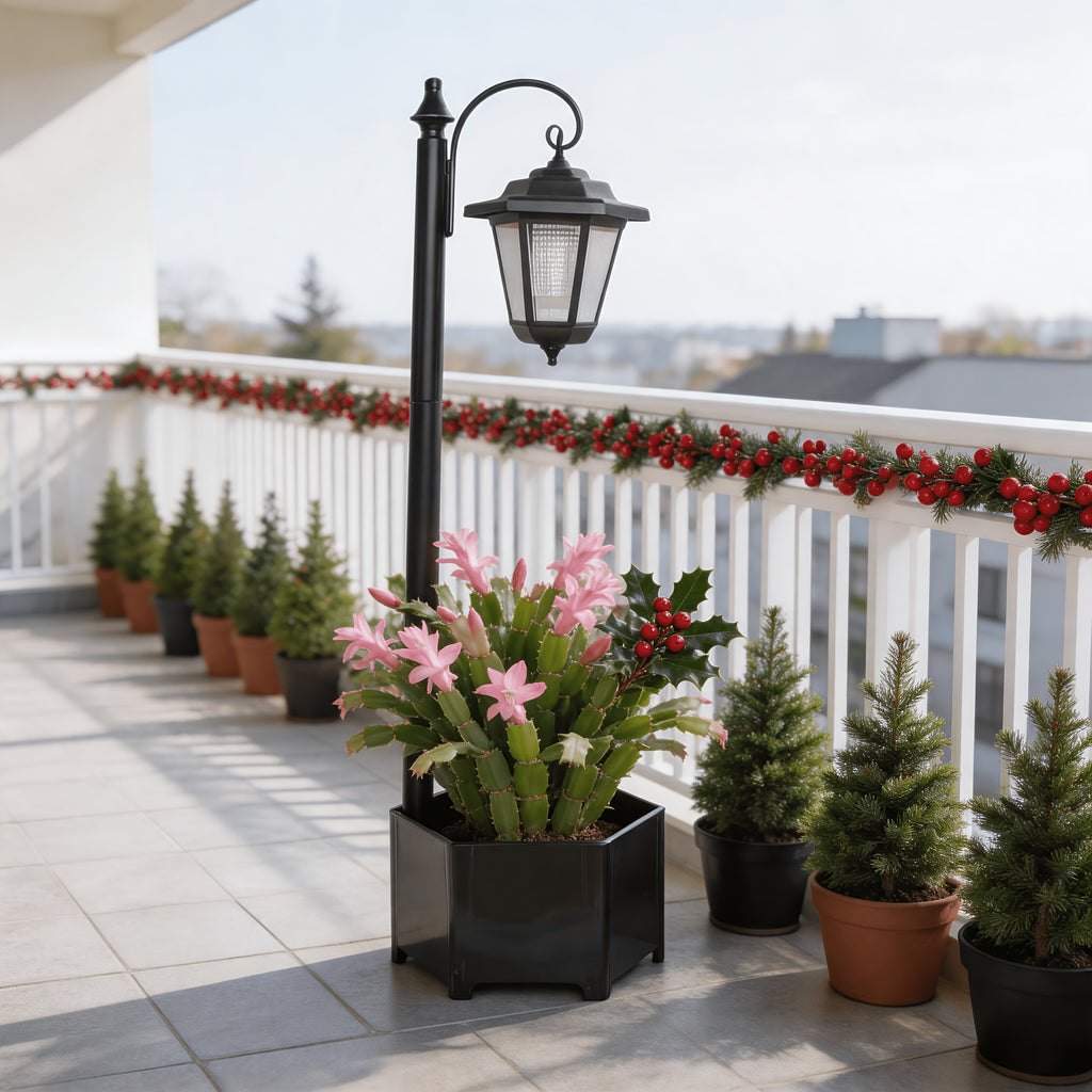 Lampadaire solaire 85 cm à jardinière hexagonale et lanterne suspendue