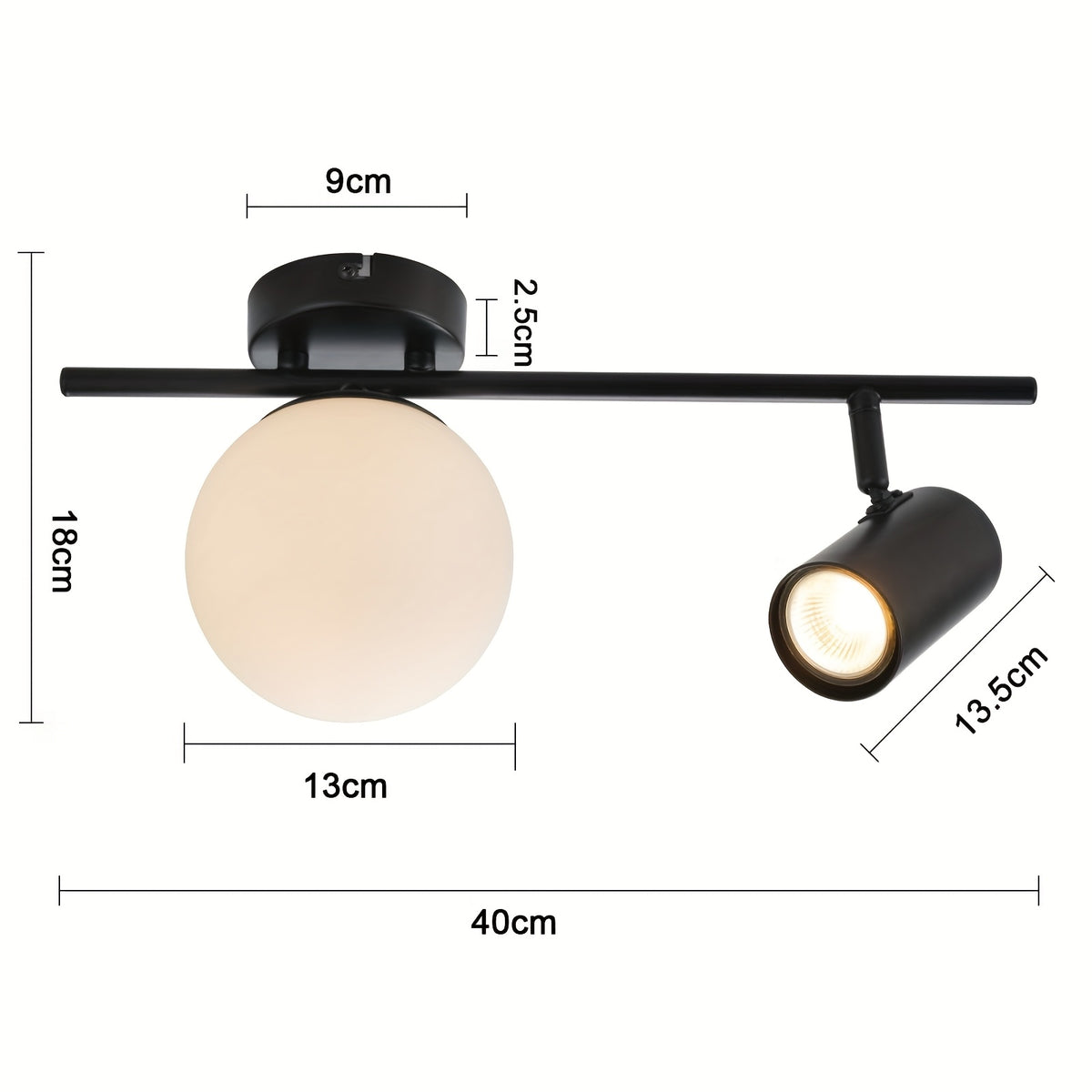 Plafonnier globe en verre opalin et spot GU10 orientable