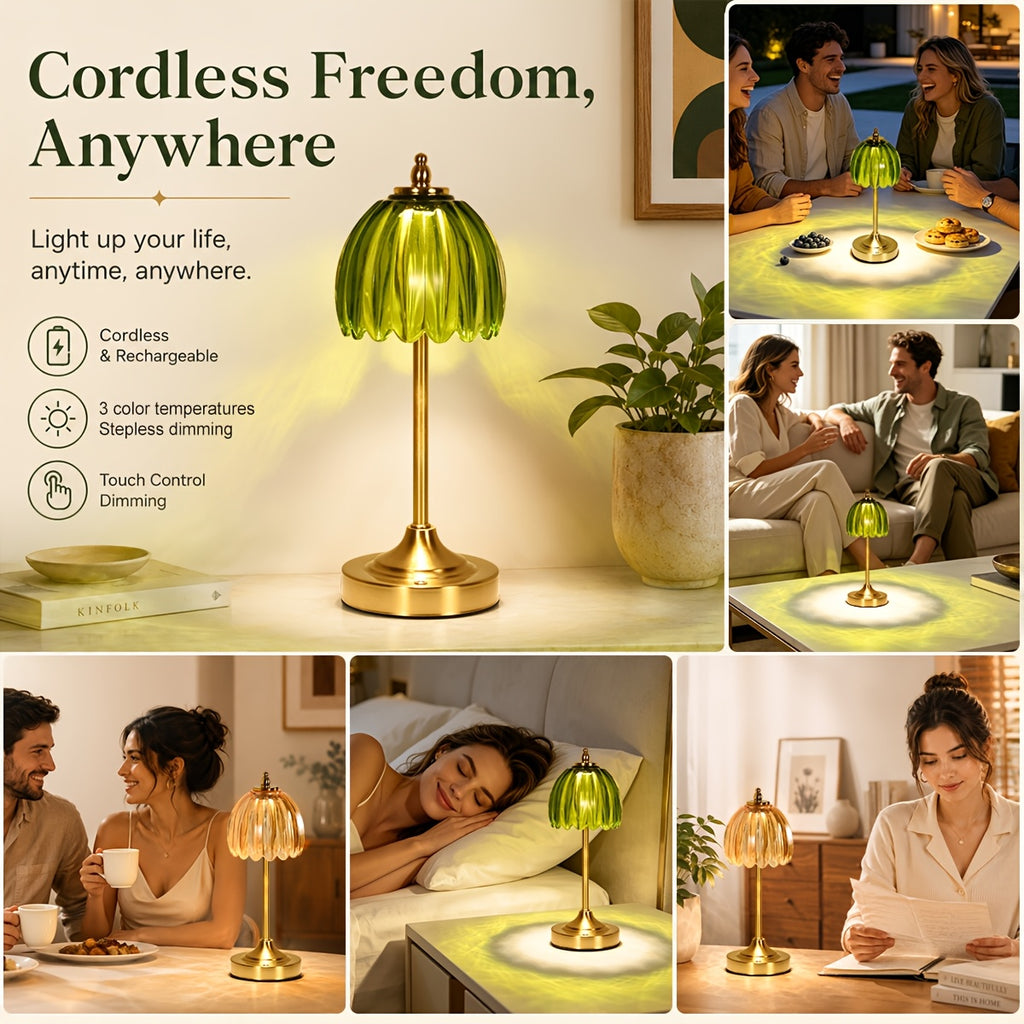 Lampe de chevet sans fil en verre nervuré vert ou orange, pied doré