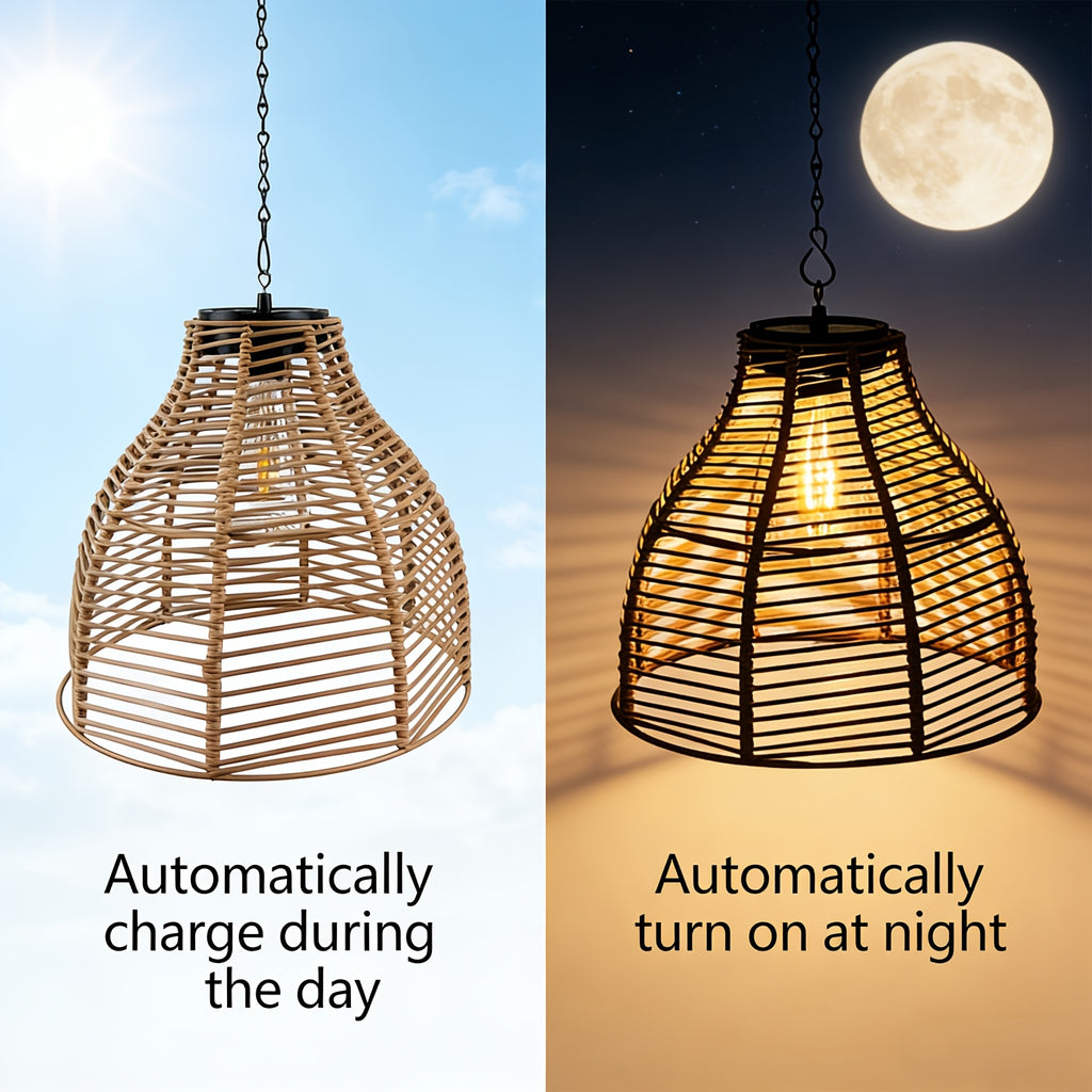 Suspension solaire cloche effet rotin tressé, ampoule filament