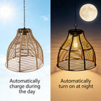 Suspension solaire cloche effet rotin tressé, ampoule filament