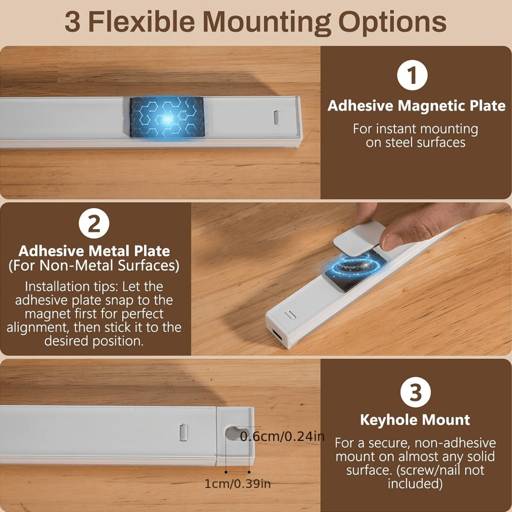 Lot de 3 réglettes LED à détecteur, 25, 35 ou 60 cm, trois fixations