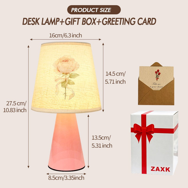 Lampe de chevet rose à rose aquarelle, abat-jour lin et coffret