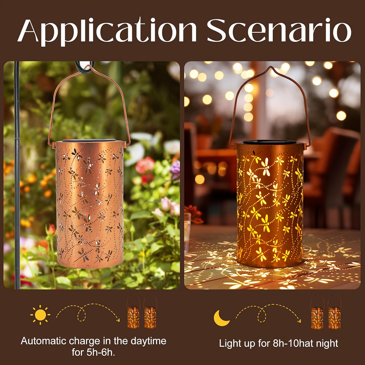 Lanterne solaire en métal cuivré ajouré de libellules, à suspendre