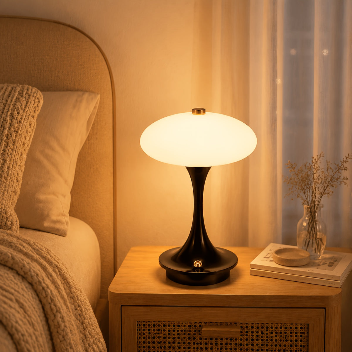 Lampe champignon sans fil à dôme opalin, pied orange, noir ou blanc