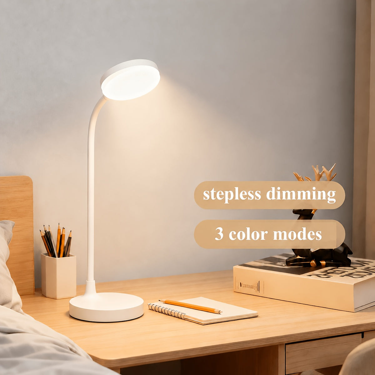 Lampe de bureau sans fil blanche à col flexible, batterie 800 mAh